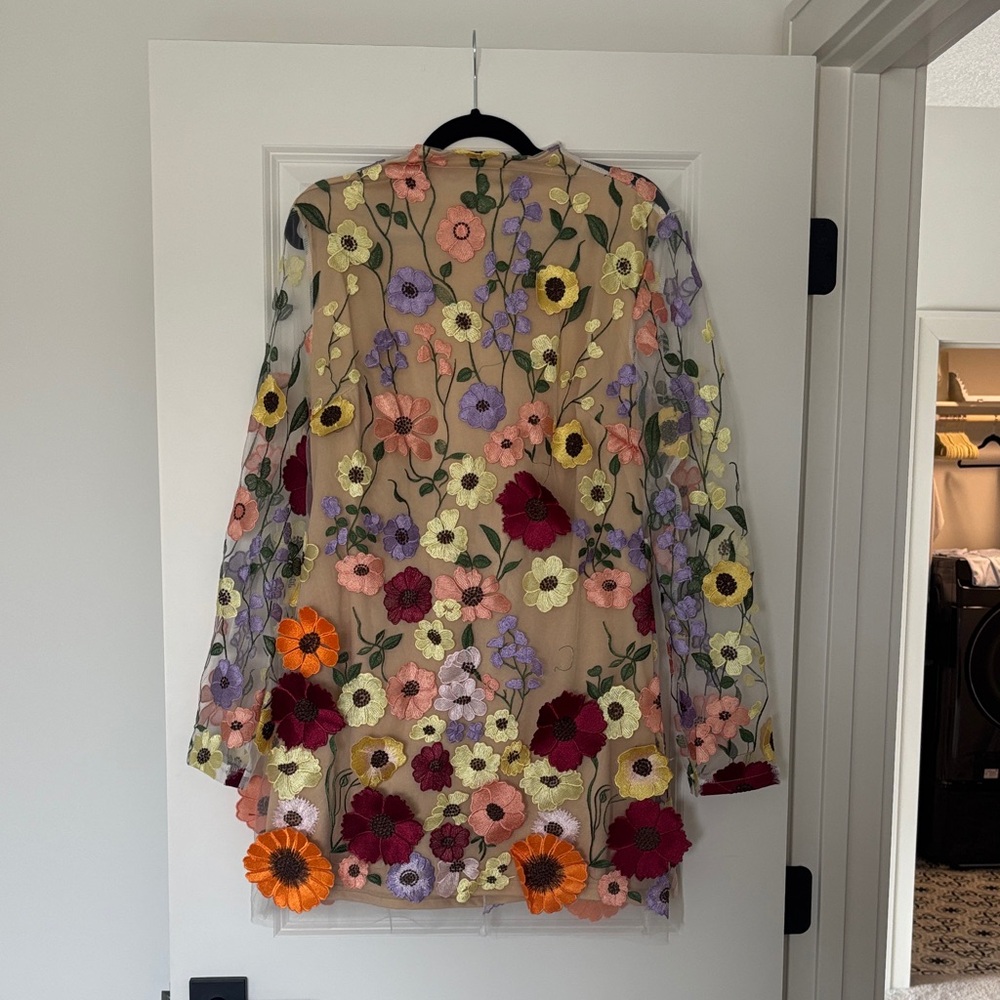 Amazon Floral Embroidered Sheer Beige Dress with Multicolor Blooms